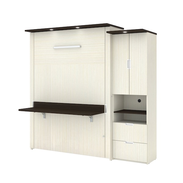 Lumina Queen Murphy Bed with Desk and Storage Cabinet (89W), White Chocolate